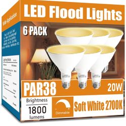 Par38 LED Flood Light Bulbs Outdoor 6 Pack, Dimmable Soft White 2700K, 20W Replace up to 200W, 1800LM, E26 Base Outdoor Flood Light Bulbs for Backyard