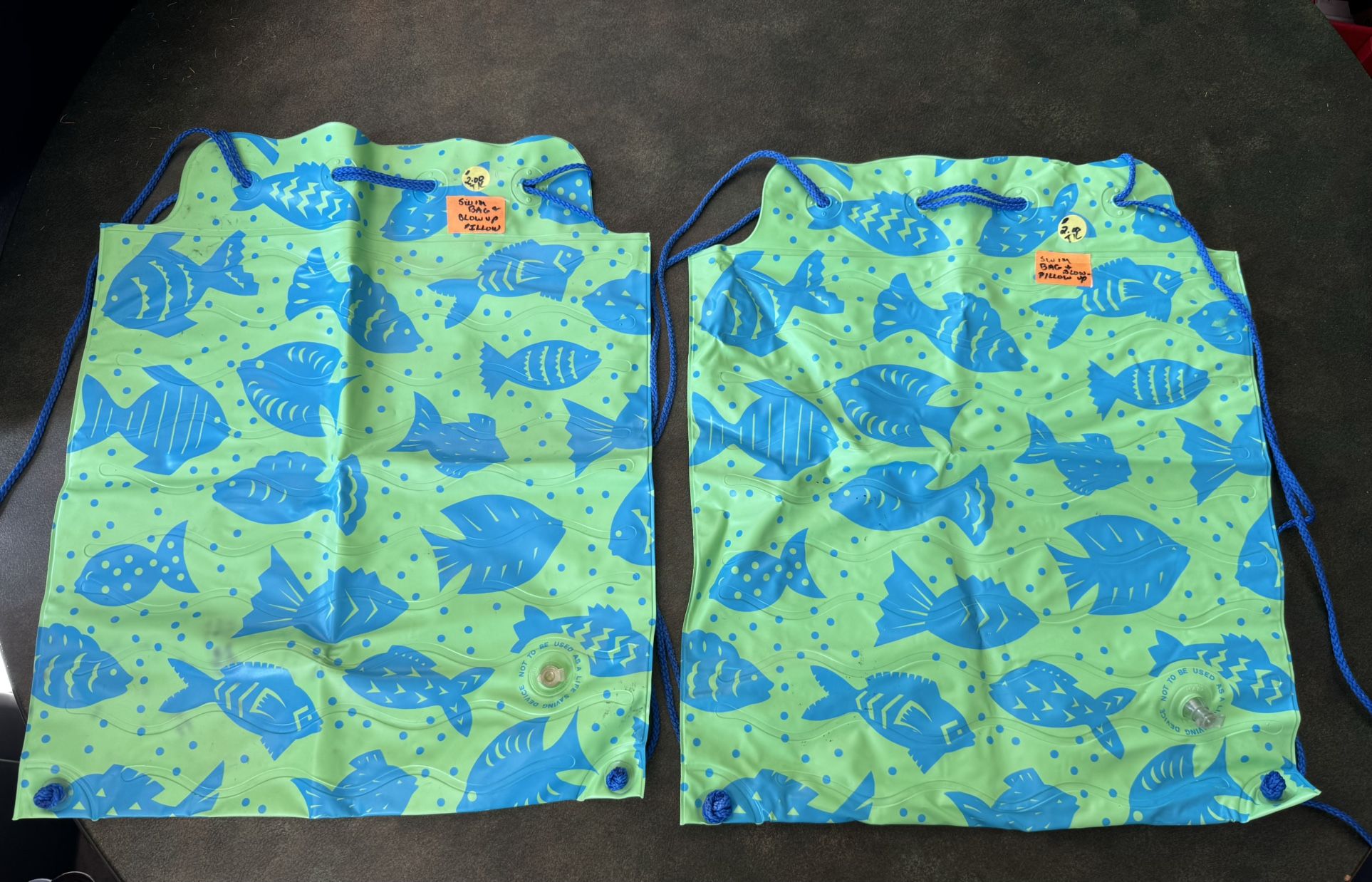 2-Swim Bag Backpack and Blow up Pillow-$2 each (Approx Measurements:14”x17”)