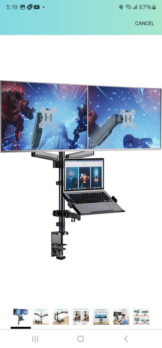 Laptop Mount and Dual Monitor for Max 32" Monitor and 17" Laptop,