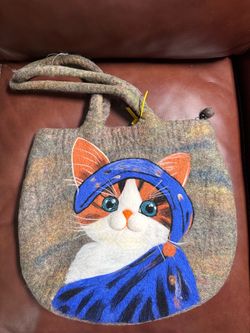Handmade Felted "Cat with a Pearl Earring" Wool Tote Bag