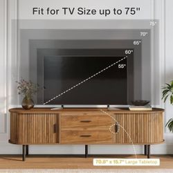 Mid-Century Modern TV Stand with Tambour Sliding Doors, Soft-Close Drawers, Adjustable Shelves, Corner Storage Compartments, Cable Management Holes, E