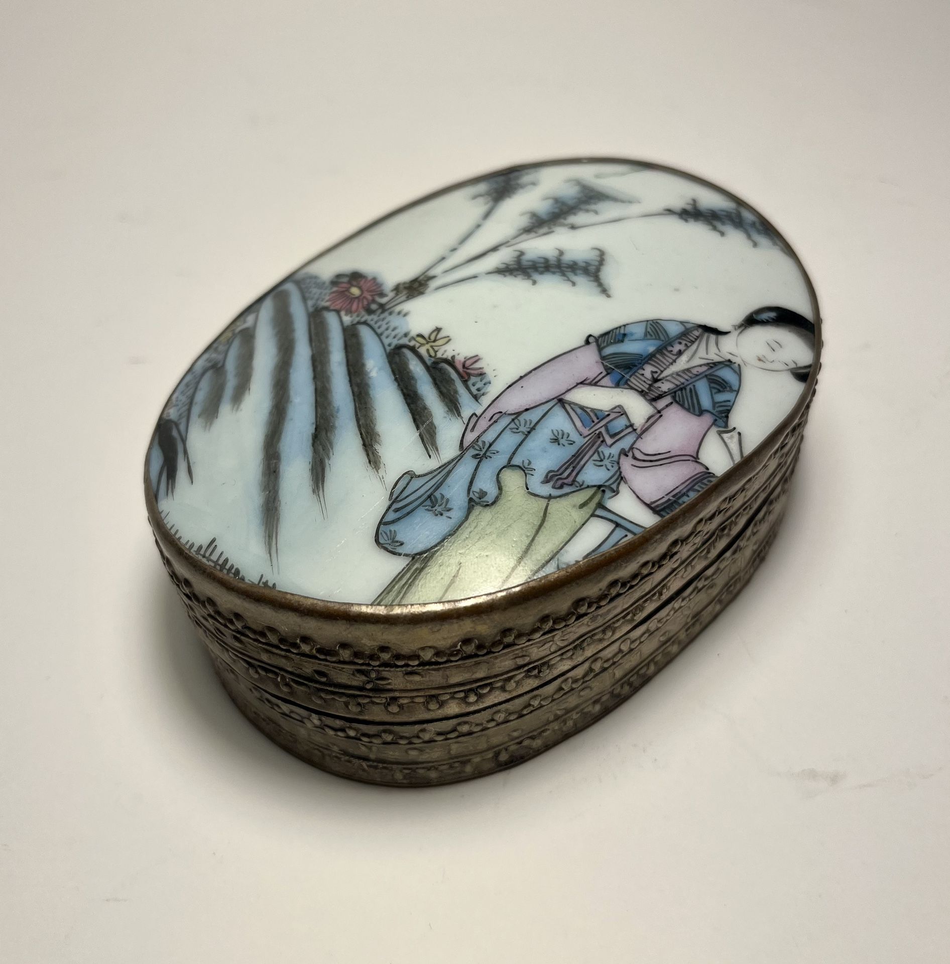 Antique Chinese Silver Plated Porcelain Shard Top Hand Painted Trinket Box