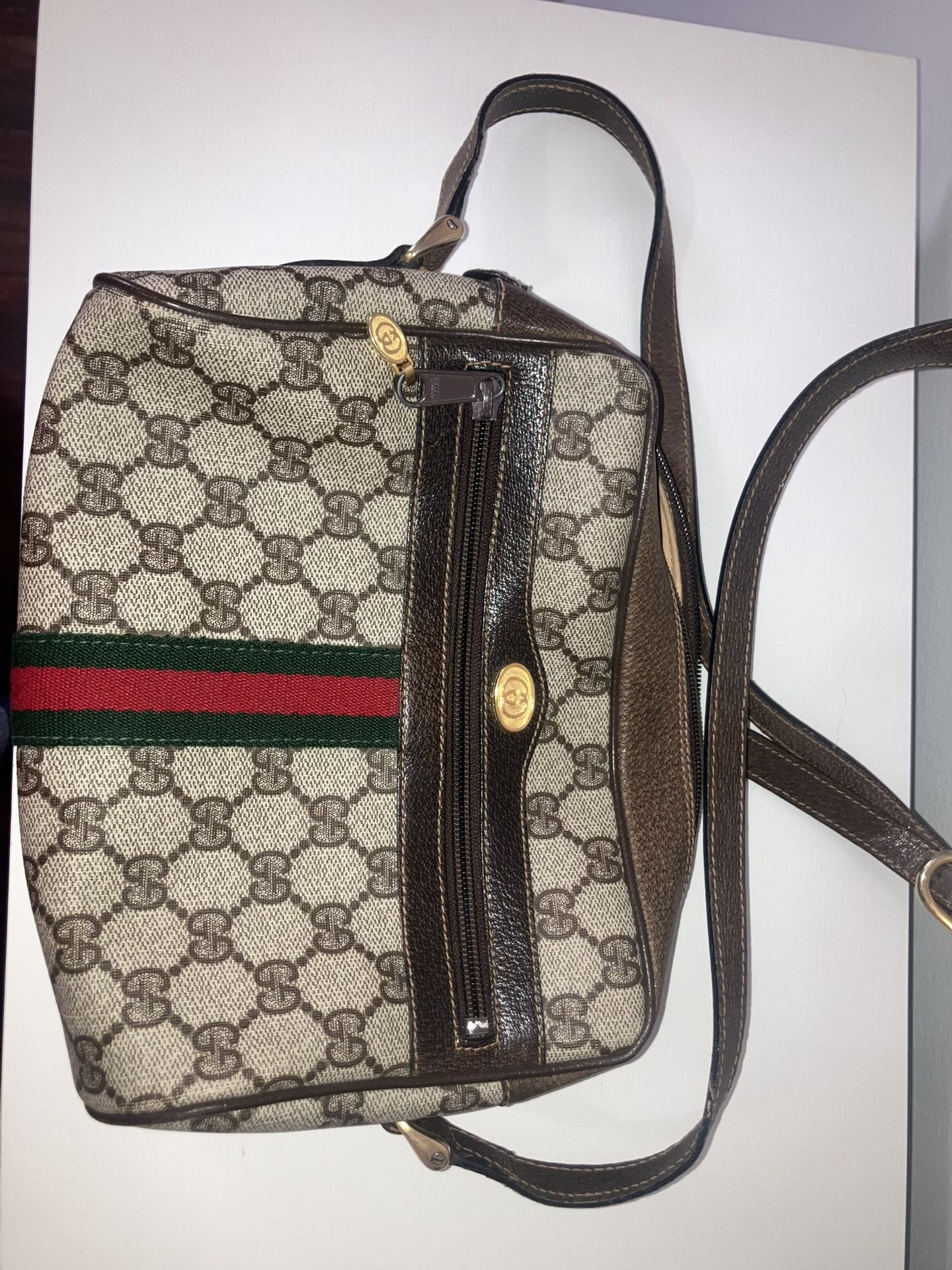 Authentic Vintage Gucci GG Supreme Monogram Crossbody Bag Brown Web Stripe W/COA