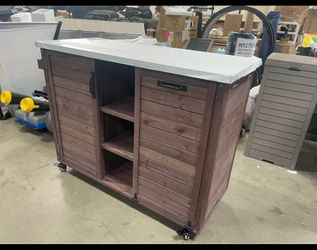 Assembled New 78" Outdoor Kitchen Island w/ Wheels Wooden Grill Cart w/ Trash Can Storage Steel Top