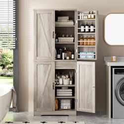 Kitchen Pantry Cabinet, Farmhouse Tall Cupboard, Ash Gray Freestanding, with 8 Door Shelves, 2 Cabinets and 1 Drawer, for Kitchen, Living Room, Dining