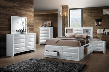 Brand new white queen storage bed frame, dresser, mirror, nightstand
