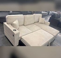 Beige Corduroy sectional pull out couchsleeper sofa