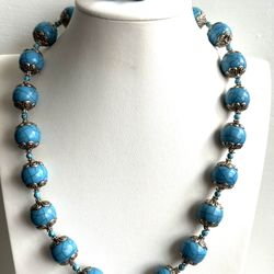 Stunning vintage Turquoise bead with Tibetan silver cap handmade necklace 23” long