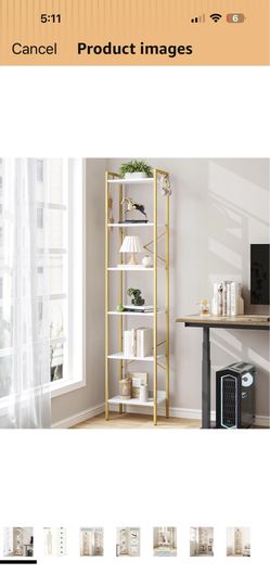 Hzuaneri Bookshelf, Book Shelf, Industrial Bookcase with 2 Hooks, Coner Shelf Storage Organizer for Home Office, Living Room, Bedroom, Kitchen, 6-Tier