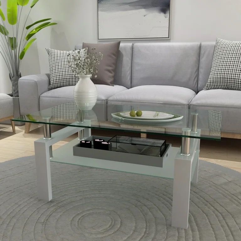 White W/Glass Top Coffee Table