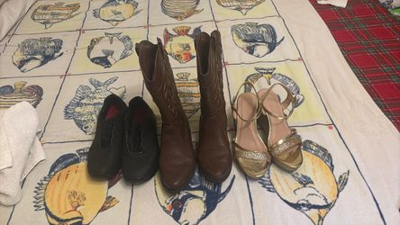 Sketchers tennis shoes (size 6) for  women.   CAT &  JACK  Cowgirl  boots (size  5 girls)     No Brand  gold wedge  sandals (size 6,5 girls size ..