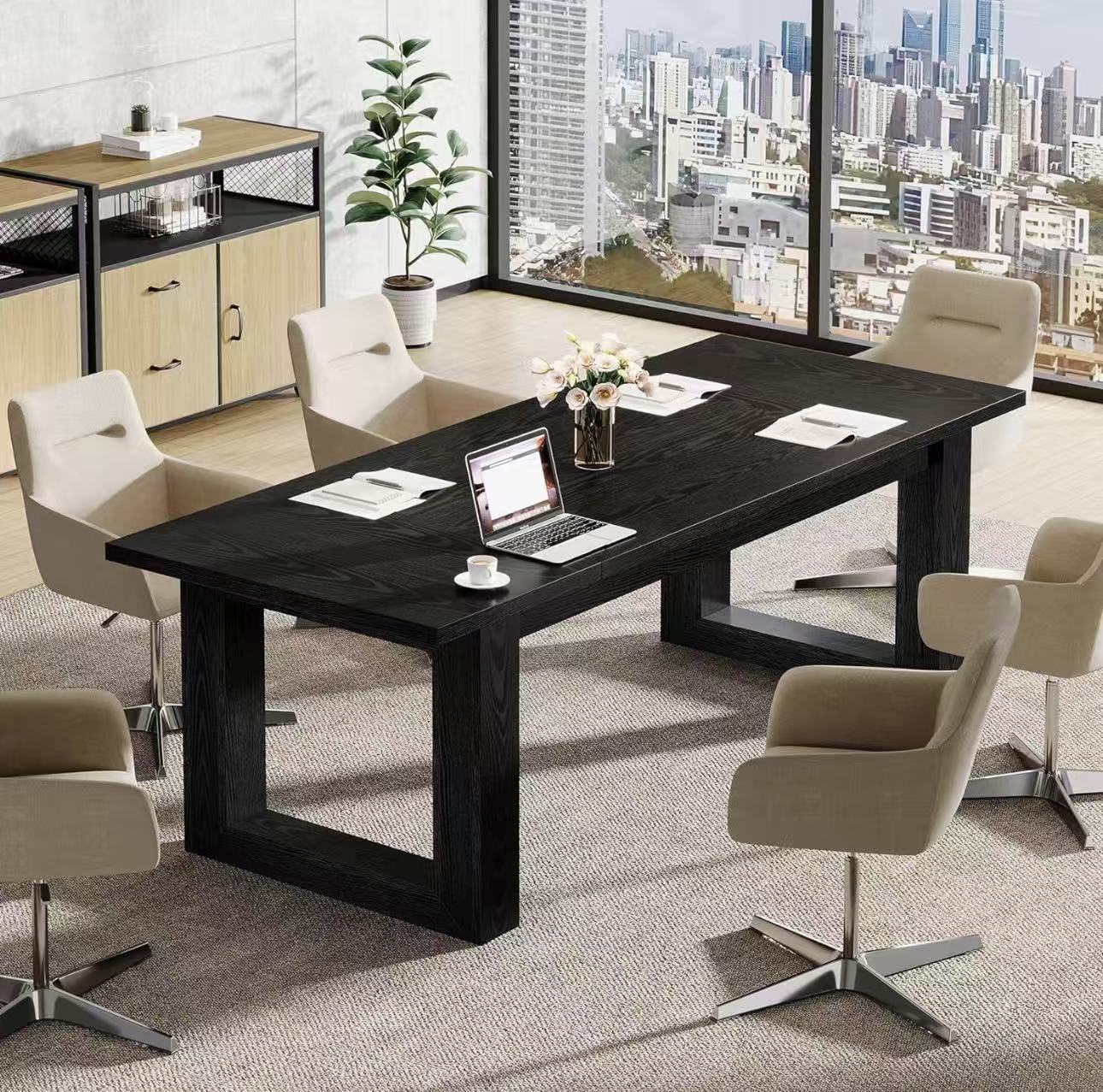 RY0253 Conference Table, Modern Office Meeting Table, 5 ft Conference Room Table with Solid Wooden Base, Large Rectangular Business Furniture Seminar