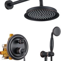 Antique Rain Shower Head with Handheld Spray, Oil Rubbed Bronze Rain Shower System with Rough-in Balance Pressure Valve, 9 inch Bathroom Luxury Rain F
