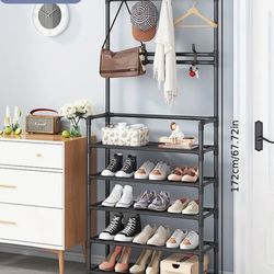 Versatile Entryway Organizer - Metal Coat & Shoe Rack with Hooks, Perfect for Clothes, Hats, Bags & Umbrellas Storage