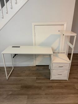 59" Gaming Desk Power Outlet &PC Case/Printer Stand with Drawers White
