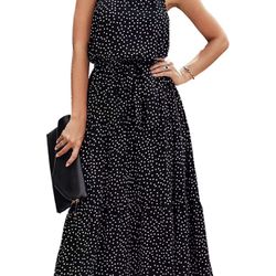  Women’s Casual Halter Neck Sleeveless Floral Long Maxi Dress Backless Loose Ruffle Sundress with Belt （size:S）