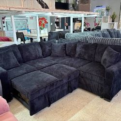 New In Boxes Black Sectional With Pullout Bed 