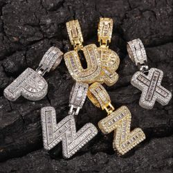 SALE A–Z Iced Out CZ Letter Pendant w/ 24” Chain – Sterling Silver + 18K Gold Plated