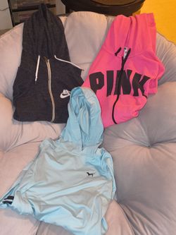 Lot Of 3 Women's Pink & & Nike Hooded Sweatshirts All Are LOVINGLY USED Normal Signs Of Wear No Major Defects Med Large Med x2 Full Zip~Up x1 Pullover