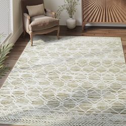 5x7 Soft Modern Geometric Washable Stain Resistant Non-Slip Low-Pile Area Rug, Moroccan Taupe, NEW