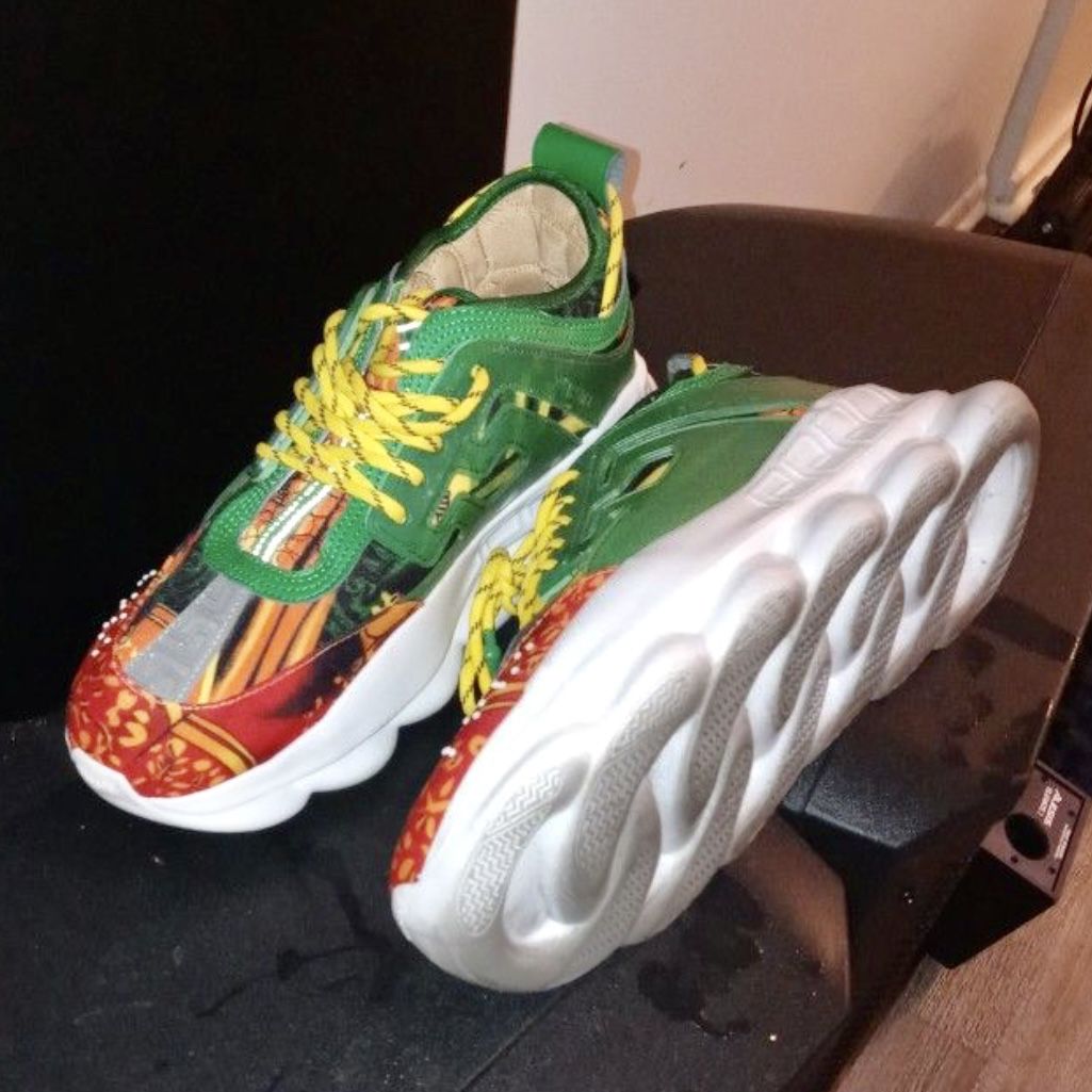 Versace Multicolor Suede and PVC Chain Reaction Low Top Sneakers Size 41  Versace | The Luxury Closet