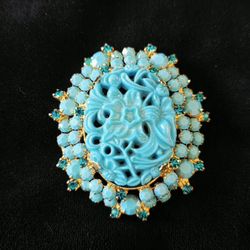 Vintage Juliana Blue Crystal Carved Flower Brooch 