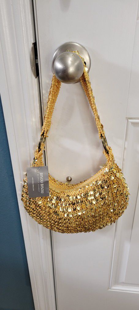 Bisou Bisou by Michele Bohbot Gold Sequin Hobo Sac Handbag Purse Bag Knit  NWT