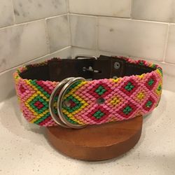 Handmade Dog Collar – 19.5” Large – Pink & Green Artisan Weave