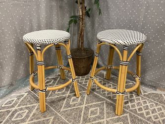 Bamboo Style Wooden Stools with Black and White Woven Seats (Set of 2)