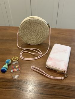 Straw Handbag Purse, Wristlet Wallet and Simply Southern Key Chain