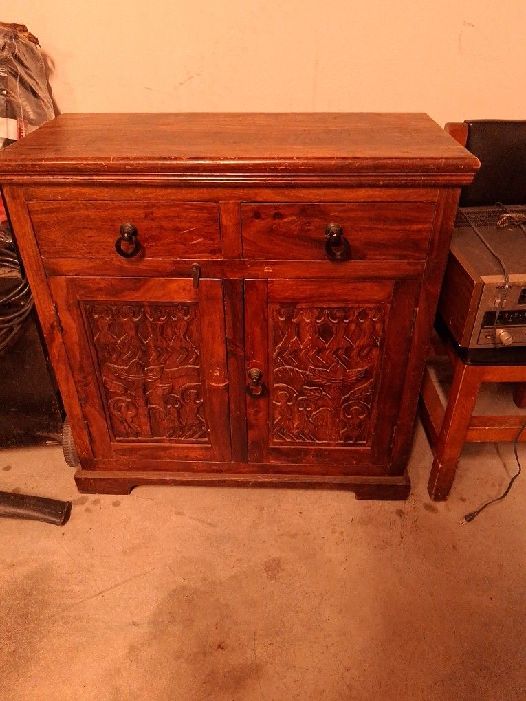 Wood Cabinet With Carved Old