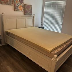 Queen bed frame foundation w/ headboard White wood With Mattress Box Spring & 2” Foam Topper