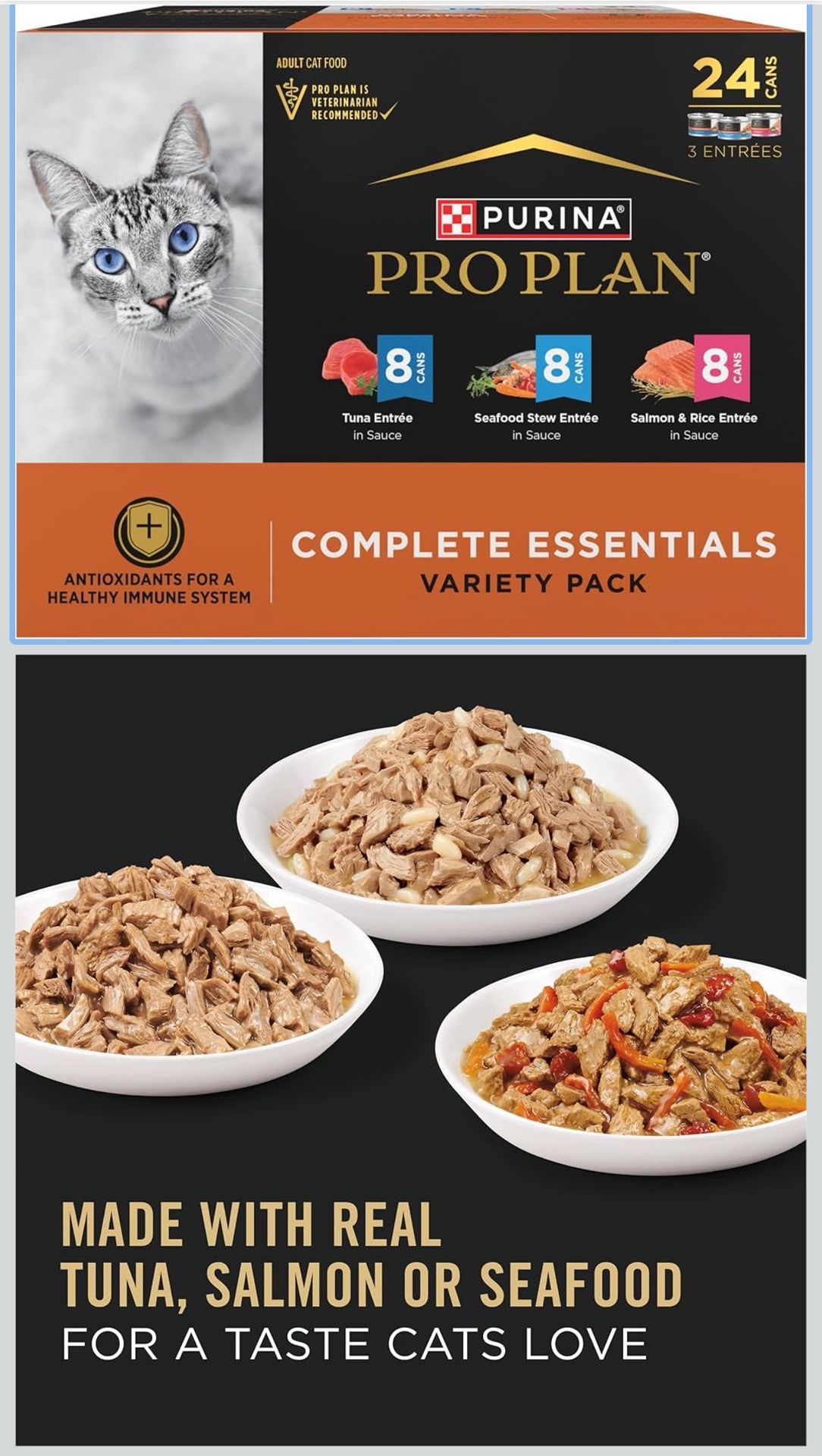 New Purina Pro Plan High Protein Cat Food Complete Essentials Wet Cat Food Seafood Favorites Variety Pack - 3 oz. Can