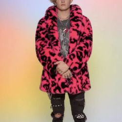 Spirithoods Neon Pink Leopard Collared Faux Fur Festival Coat Men’s Small