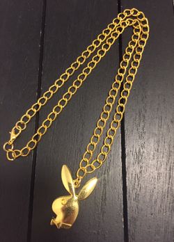 Gold Tone Stainless Steel Designer Curb Chain Necklace with Playboy Charm