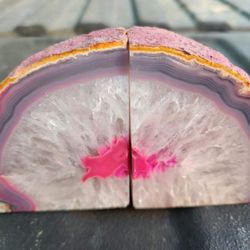 Pair Pink Agate Crystal Polished & Raw End Bookends Stone 3.5" x 3" x 3" Geode