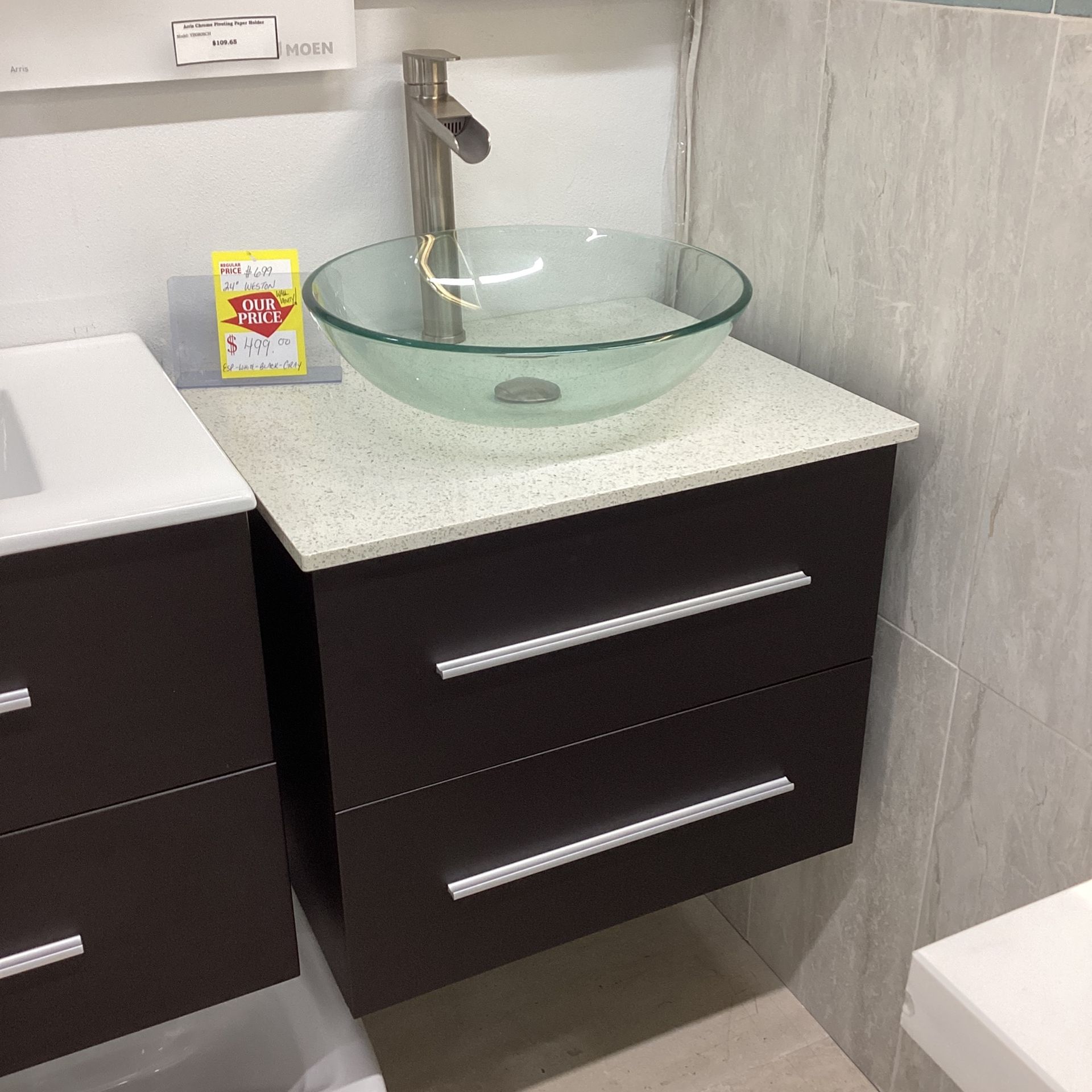 24” Espresso Wall Mount Bathroom Vanity Quartz Countertop Glass Vessel Sink Brushed Nickel Handles Included