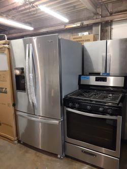 2 pc set new scratch and dent Whirlpool french Doors fridge and gas stove with 6 months warranty