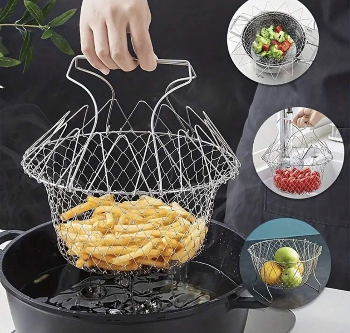 1pc Stainless Steel Folding Fry Basket Circular Strainer For French Fries/Chicken Wings, Drainage Basket For Frying Food,Kitchen,Summer Beach Party,Fo