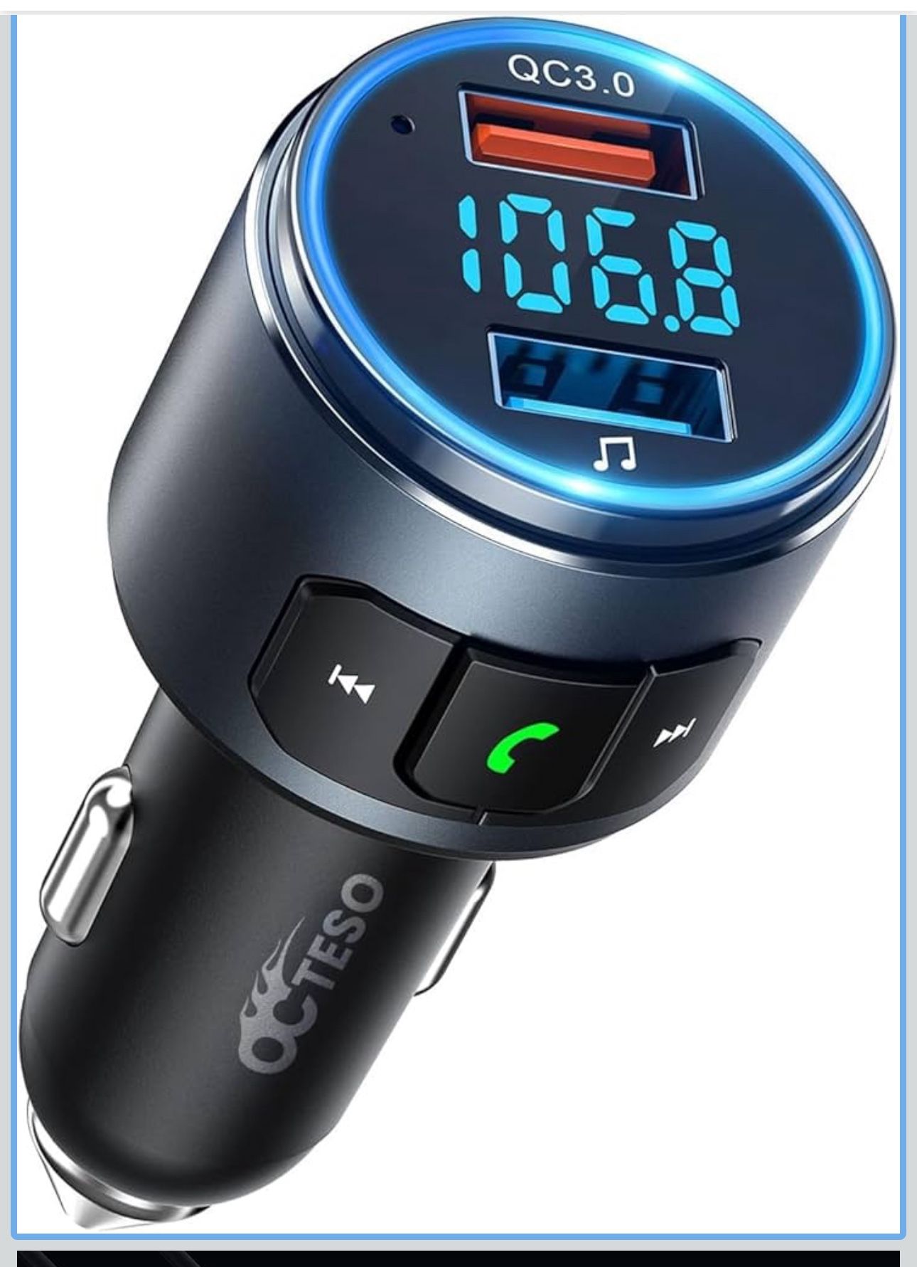 V5.3 FM Bluetooth Transmitter, Bluetooth Car Adapter QC3.0 & LED Backlit Wireless FM Radio Adapter Music Player/Car Kit, Siri Google Assistant
