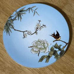 Pier 1 Chinoiserie Bird Branch Floral Dinner Plate 11", Blue Background, EUC
