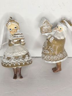Neutral Tan Glitter Gingerbread Santa & Mrs Claus Baker Christmas Ornaments Set