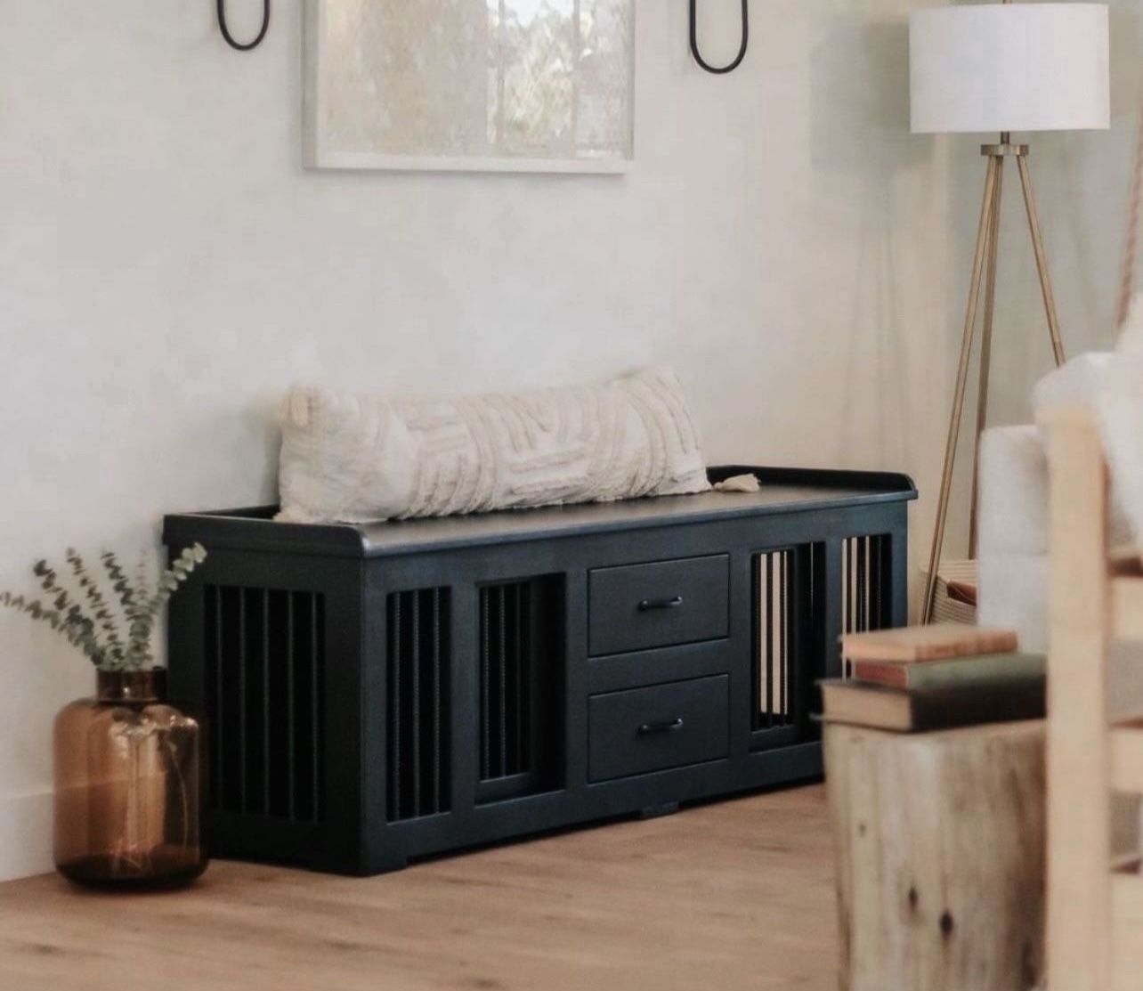 Custom Built Dog Kennel Crate Cage House Console Cabinet TV Stand Farmhouse Modern Rustic Dog Bowl Toy Bed Wood Barn Door