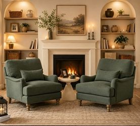 Set of two greyish green Fabric Club Chair Filled with Goose Down and Foam Upholstered Accent Chair
