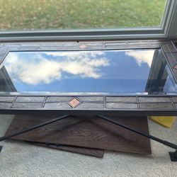 3-Piece Glass Top Coffee + End Table Set — Metal Frame, Slate/Tile Inlay Border with Copper Diamond Accents
