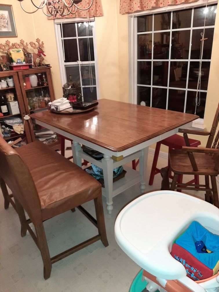 Kitchen table island counter height solid wood leaf storage shelves rustic