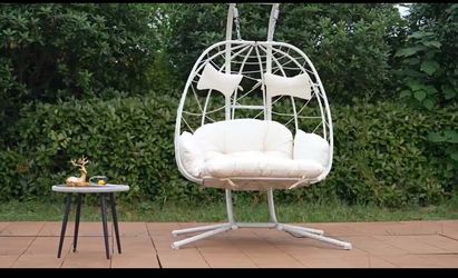 Brand new! Double Swing Egg Chair with Stand, 2 Person Hanging Egg Chair with Footrest, Wicker Egg Swing Chair for Backyard Garden, White Frame and Cu