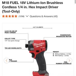M18 FUEL 18V Lithium-lon Brushless Cordless 1/4 in. Hex Impact Driver