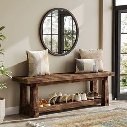 LD0096 Charred Brown 55-Inch Solid Wood Entryway Bench with Shoe Storage Rustic Charred Wood Grain Foyer Bench with Open Shelf for Hallway Mudroom Bed