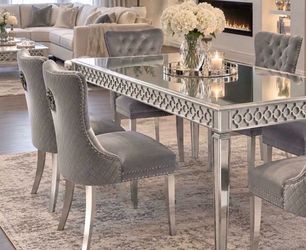 Z-Gallerie Mirrored Dining Table with 4 Gray Velvet Chairs